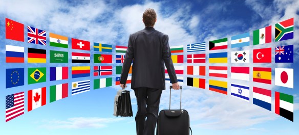 International business man travel with trolley, global business concept